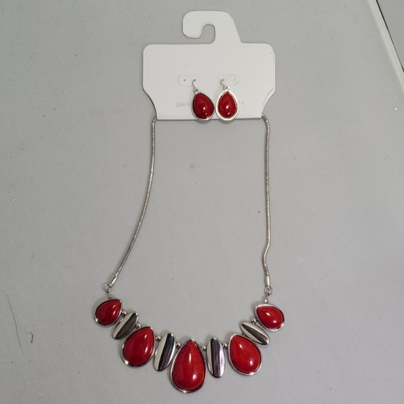 Kohl's Semi Precious Red & Silver Necklace Earring Set - Picture 2 of 5